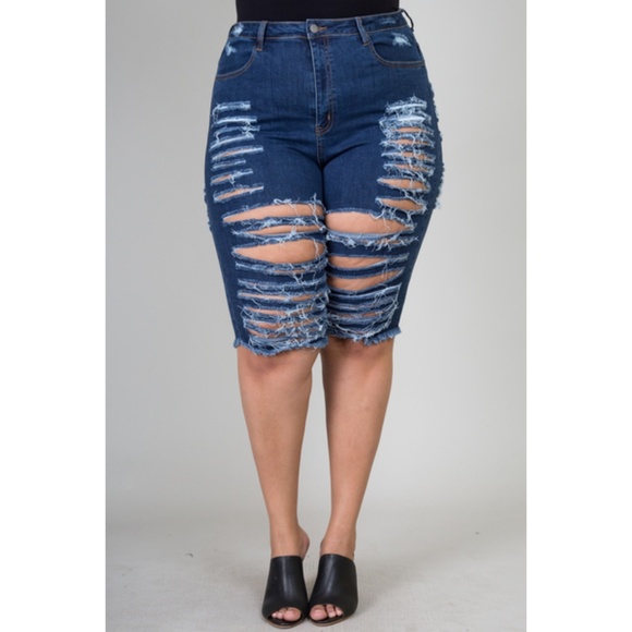 1x dark blue destroyed denim Bermuda shorts - Picture 5 of 6